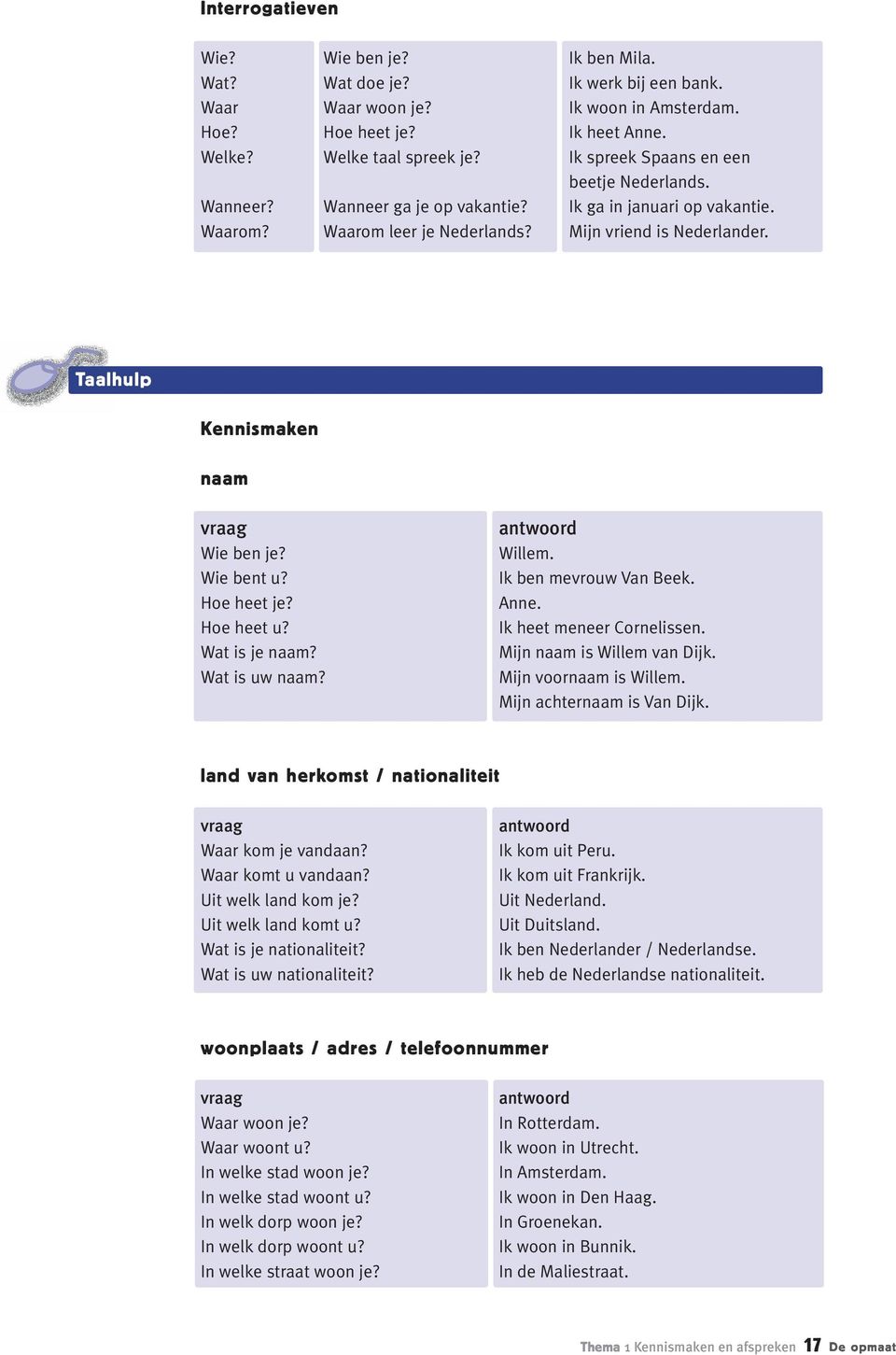 Taalhulp Kennismaken naam vraag Wie ben je? Wie bent u? Hoe heet je? Hoe heet u? Wat is je naam? Wat is uw naam? antwoord Willem. Ik ben mevrouw Van Beek. Anne. Ik heet meneer Cornelissen.