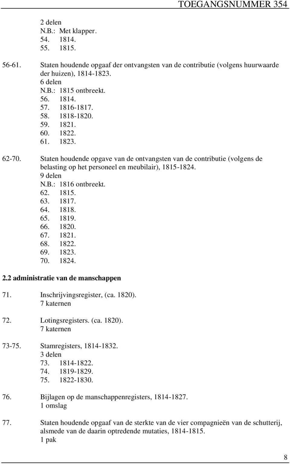 B.: 1816 ontbreekt. 62. 1815. 63. 1817. 64. 1818. 65. 1819. 66. 1820. 67. 1821. 68. 1822. 69. 1823. 70. 1824. 2.2 administratie van de manschappen 71. Inschrijvingsregister, (ca. 1820). 7 katernen 72.