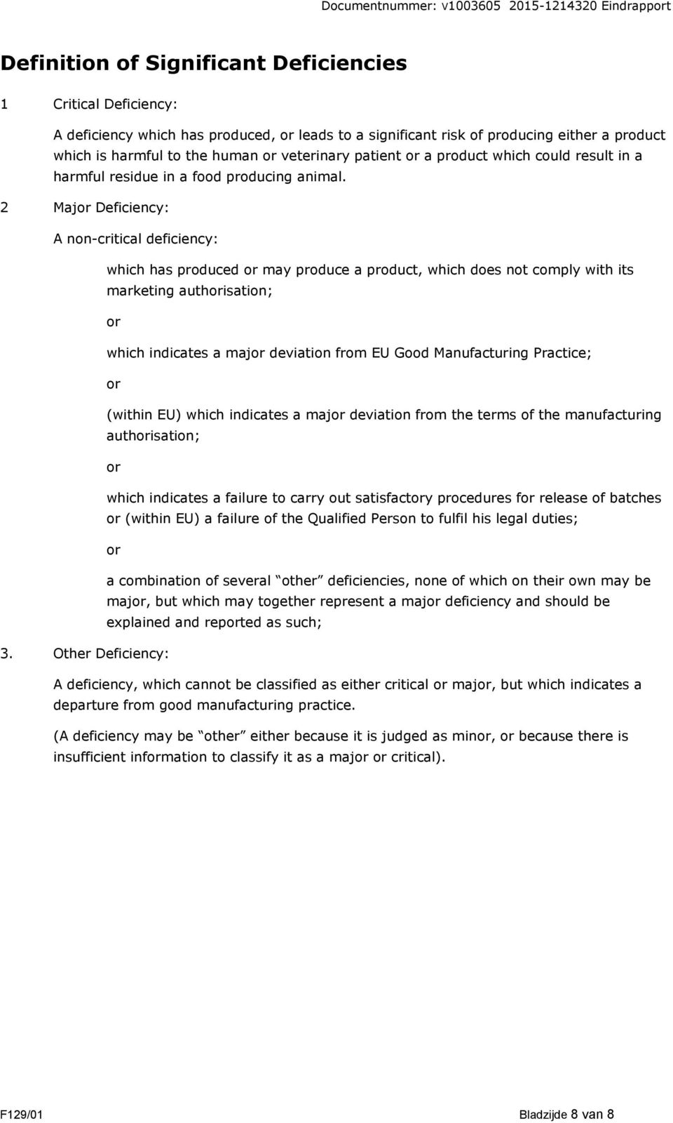 2 Major Deficiency: A non-critical deficiency: which has produced or may produce a product, which does not comply with its marketing authorisation; or which indicates a major deviation from EU Good