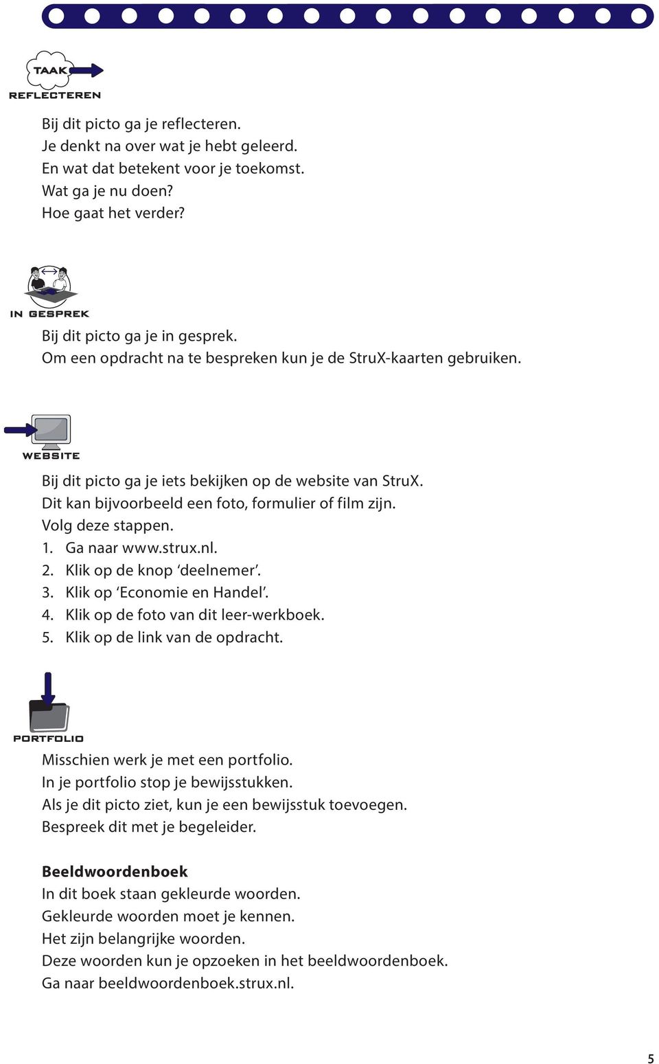 1. Ga naar www.strux.nl. 2. Klik op de knop deelnemer. 3. Klik op Economie en Handel. 4. Klik op de foto van dit leer-werkboek. 5. Klik op de link van de opdracht. Misschien werk je met een portfolio.