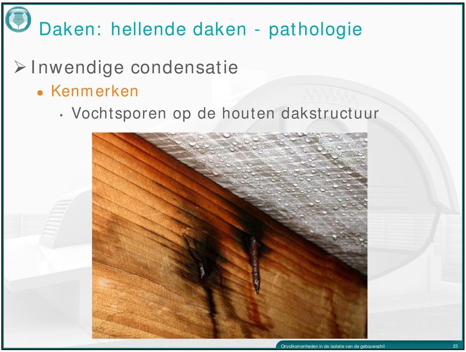 Vochtsporen op de houten dakstructuur