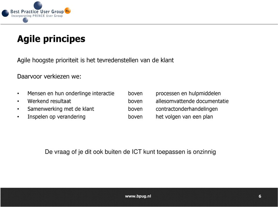 allesomvattende documentatie Samenwerking met de klant boven contractonderhandelingen Inspelen op