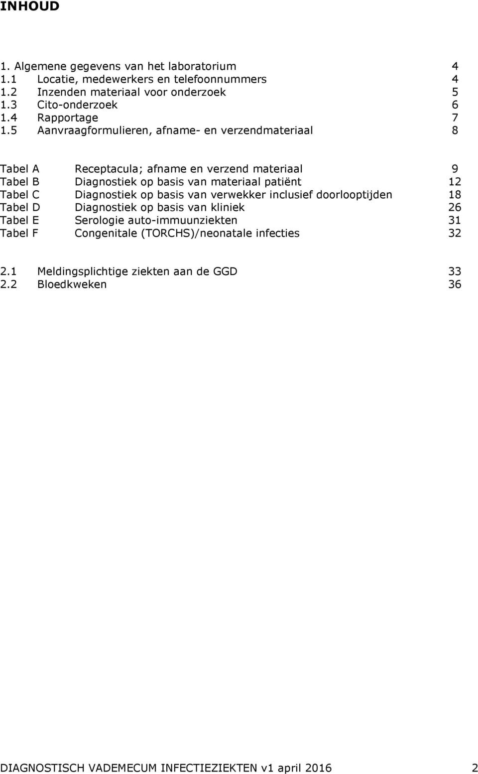 5 Aanvraagformulieren, afname- en verzendmateriaal 8 Tabel A Receptacula; afname en verzend materiaal 9 Tabel B Diagnostiek op basis van materiaal patiënt 12 Tabel