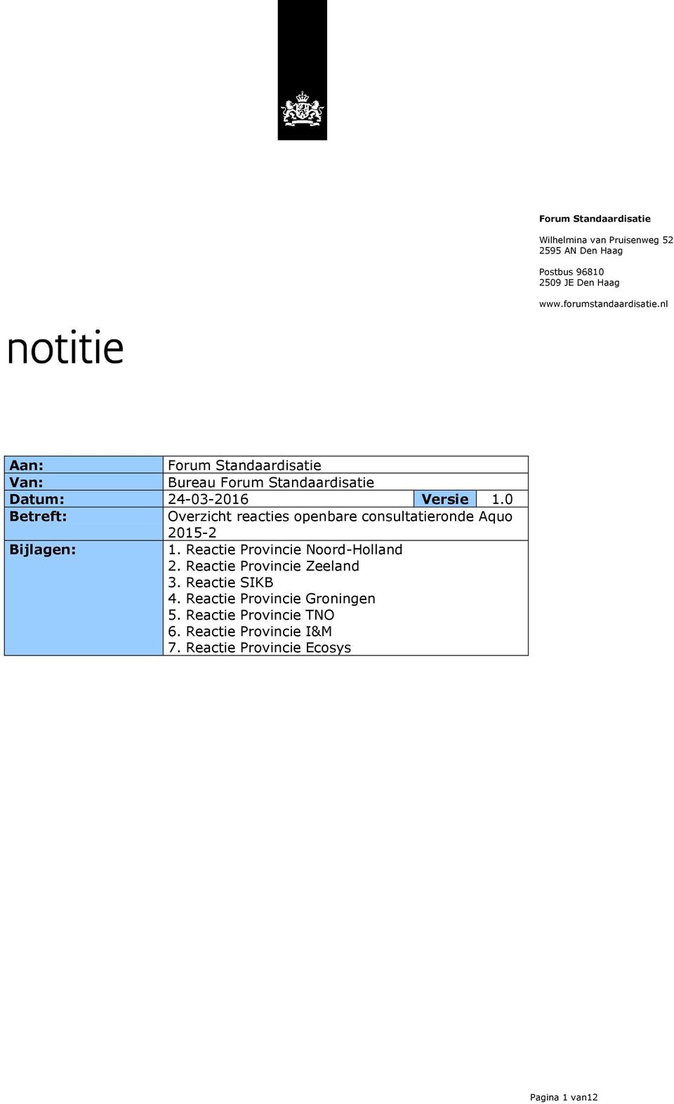 0 Betreft: Overzicht reacties openbare consultatieronde Aquo 2015-2 Bijlagen: 1. Reactie Provincie Noord-Holland 2.