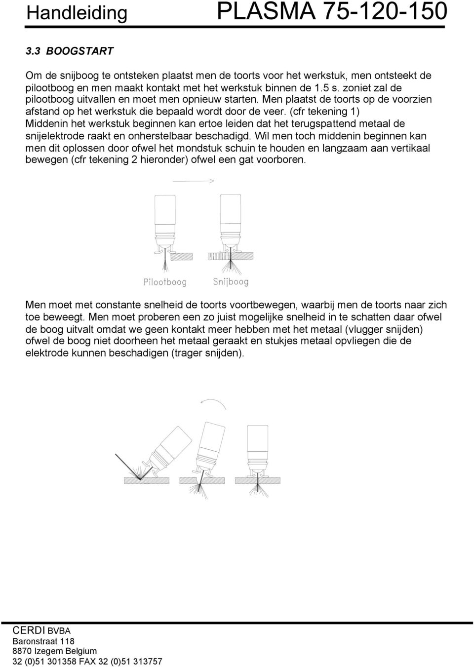 (cfr tekening 1) Middenin het werkstuk beginnen kan ertoe leiden dat het terugspattend metaal de snijelektrode raakt en onherstelbaar beschadigd.