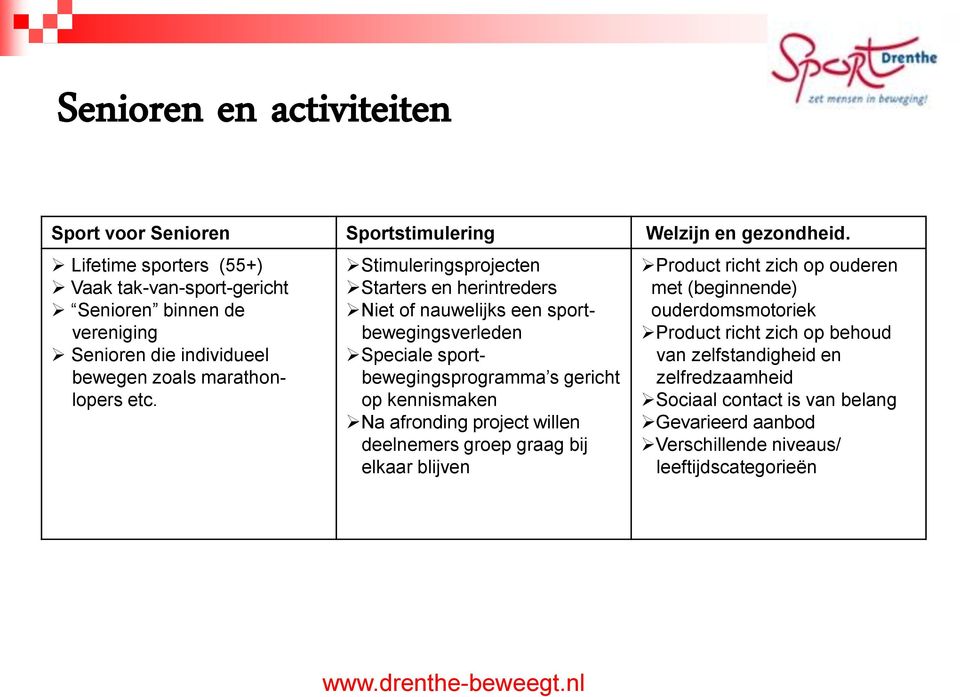 Stimuleringsprojecten Starters en herintreders Niet of nauwelijks een sportbewegingsverleden Speciale sportbewegingsprogramma s gericht op kennismaken Na afronding