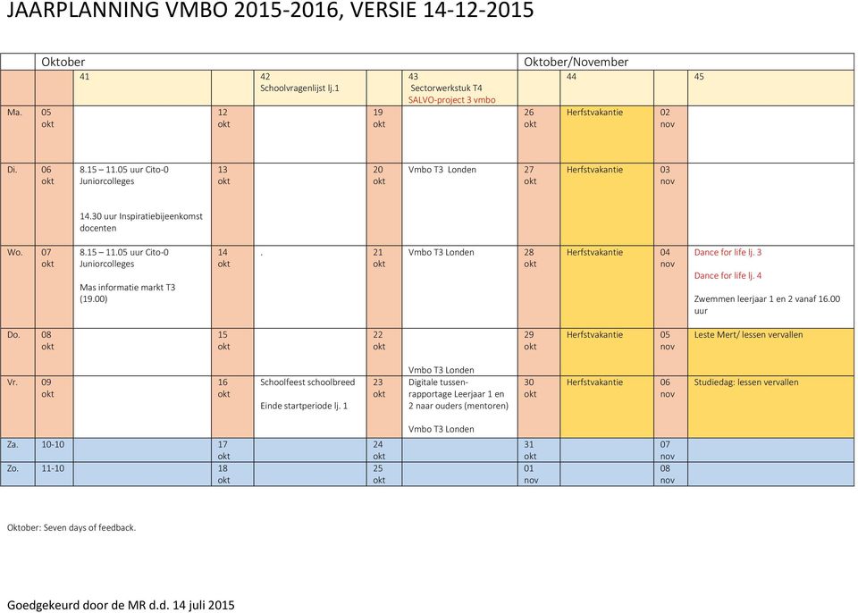 Vmbo T3 Londen 28 Herfstvakantie 04 Dance for life lj. 3 Dance for life lj. 4 Zwemmen leerjaar 1 en 2 vanaf.00 uur Do. 15 Herfstvakantie 05 Leste Mert/ lessen vervallen Vr.