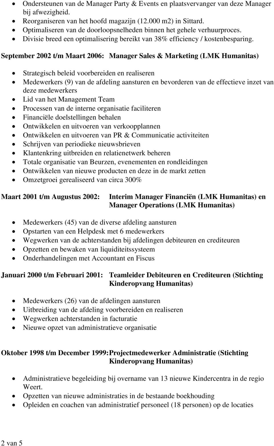 September 2002 t/m Maart 2006: Manager Sales & Marketing (LMK Humanitas) Strategisch beleid voorbereiden en realiseren Medewerkers (9) van de afdeling aansturen en bevorderen van de effectieve inzet