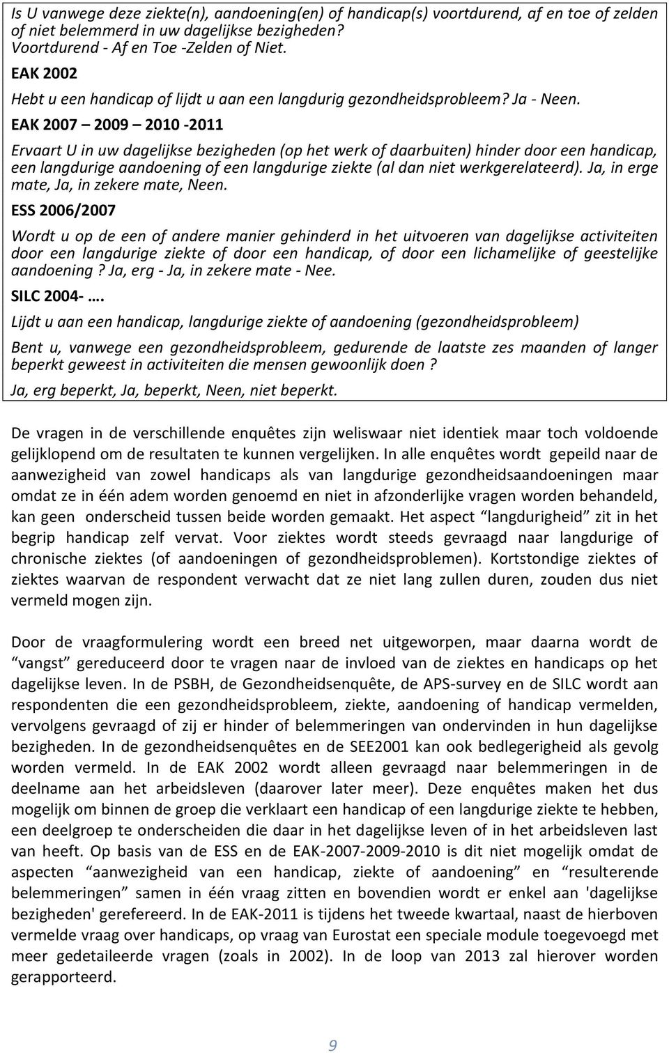 EAK 2007 2009 2010-2011 Ervaart U in uw dagelijkse bezigheden (op het werk of daarbuiten) hinder door een handicap, een langdurige aandoening of een langdurige ziekte (al dan niet werkgerelateerd).