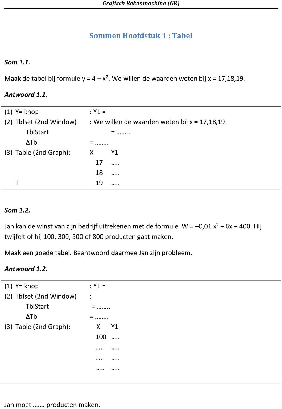 Hij twijfelt of hij 100, 300, 500 of 800 producten gaat maken. Maak een goede tabel. Beantwoord daarmee Jan zijn probleem. Antwoord 1.2.