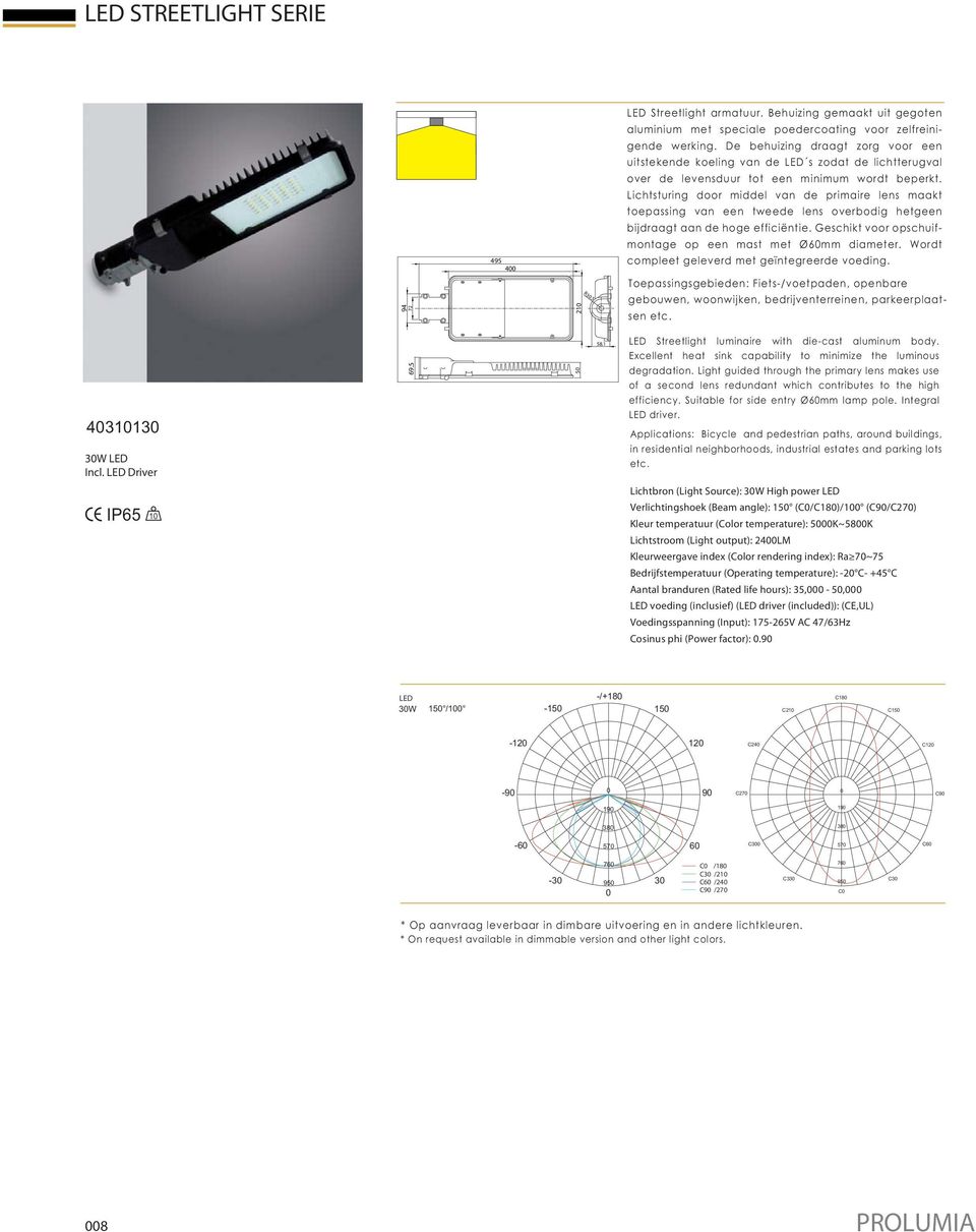 Lichtsturing door middel van de primaire lens maakt toepassing van een tweede lens overbodig hetgeen bijdraagt aan de hoge efficiëntie. Geschikt voor opschuifmontage op een mast met Ø6mm diameter.