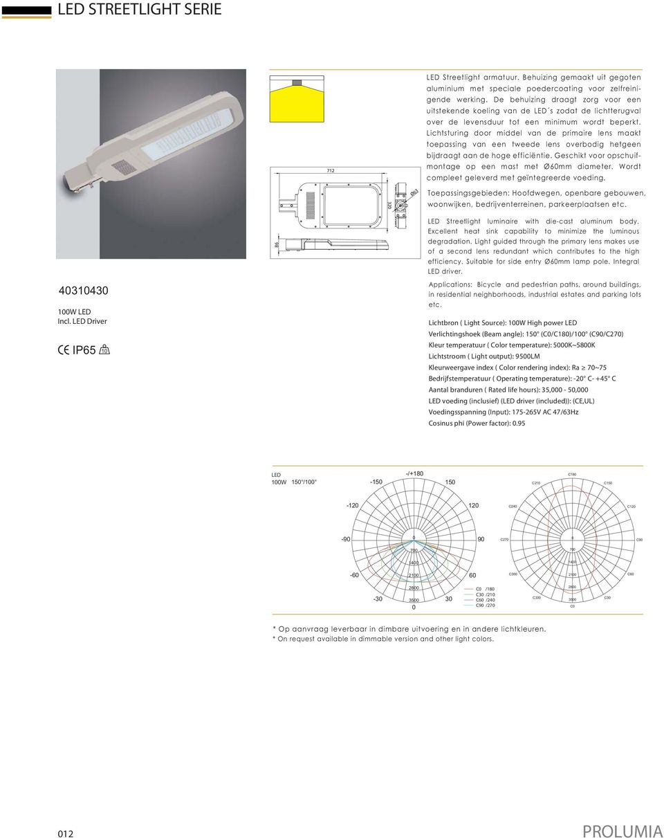 Lichtsturing door middel van de primaire lens maakt toepassing van een tweede lens overbodig hetgeen bijdraagt aan de hoge efficiëntie. Geschikt voor opschuifmontage op een mast met Ø6mm diameter.