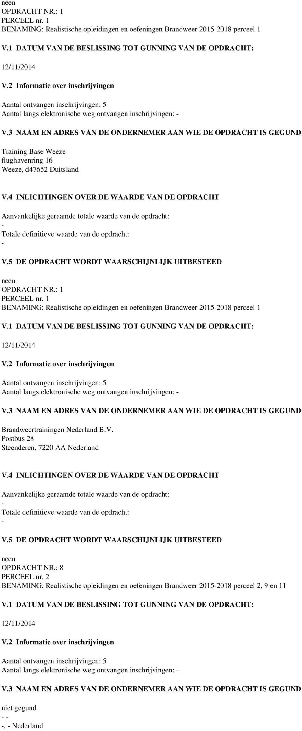 flughavenring 16 Weeze, d47652 Duitsland  1 BENAMING: Realistische opleidingen en oefeningen Brandweer 20152018 perceel 1 Aantal langs elektronische weg ontvangen