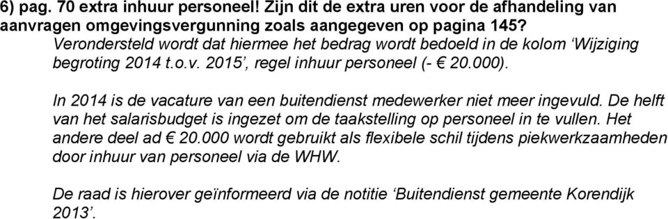 In 2014 is de vacature van een buitendienst medewerker niet meer ingevuld. De helft van het salarisbudget is ingezet om de taakstelling op personeel in te vullen.