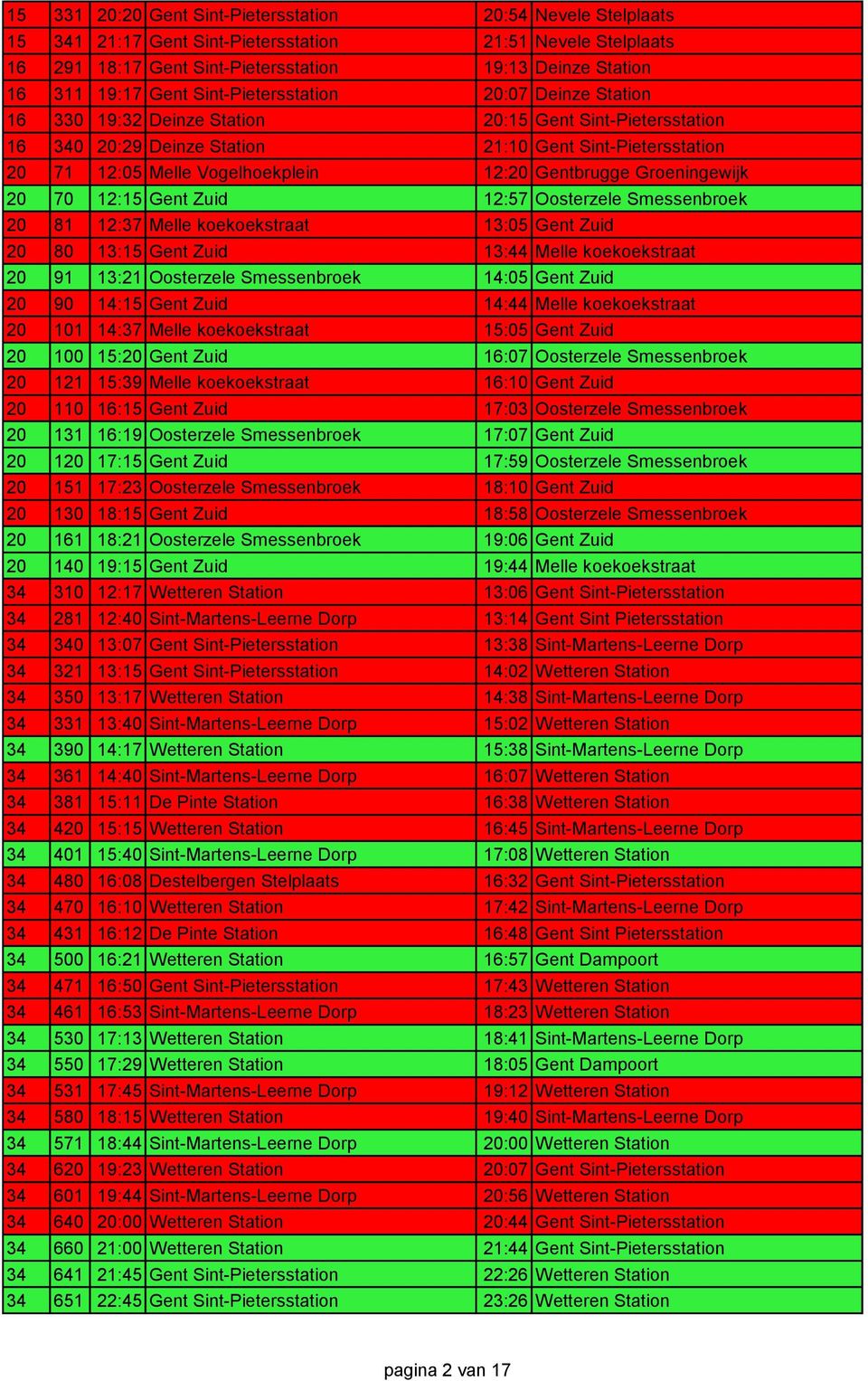 12:20 Gentbrugge Groeningewijk 20 70 12:15 Gent Zuid 12:57 Oosterzele Smessenbroek 20 81 12:37 Melle koekoekstraat 13:05 Gent Zuid 20 80 13:15 Gent Zuid 13:44 Melle koekoekstraat 20 91 13:21