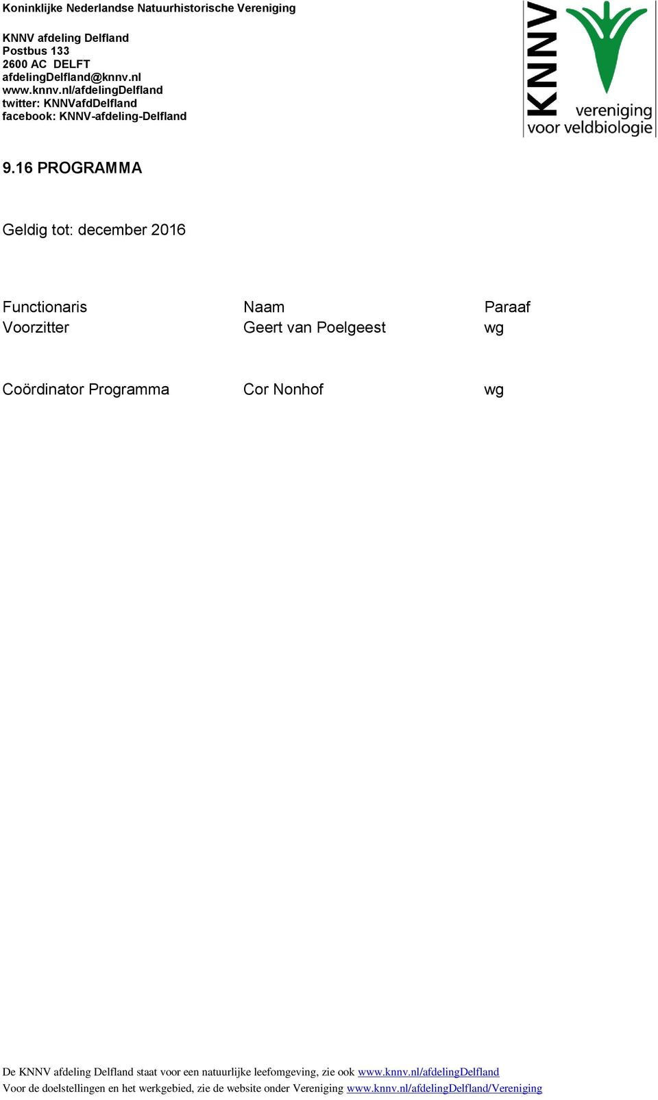 16 PROGRAMMA Geldig tot: december 2016 Functionaris Naam Paraaf Voorzitter Geert van Poelgeest wg Coördinator Programma Cor Nonhof wg
