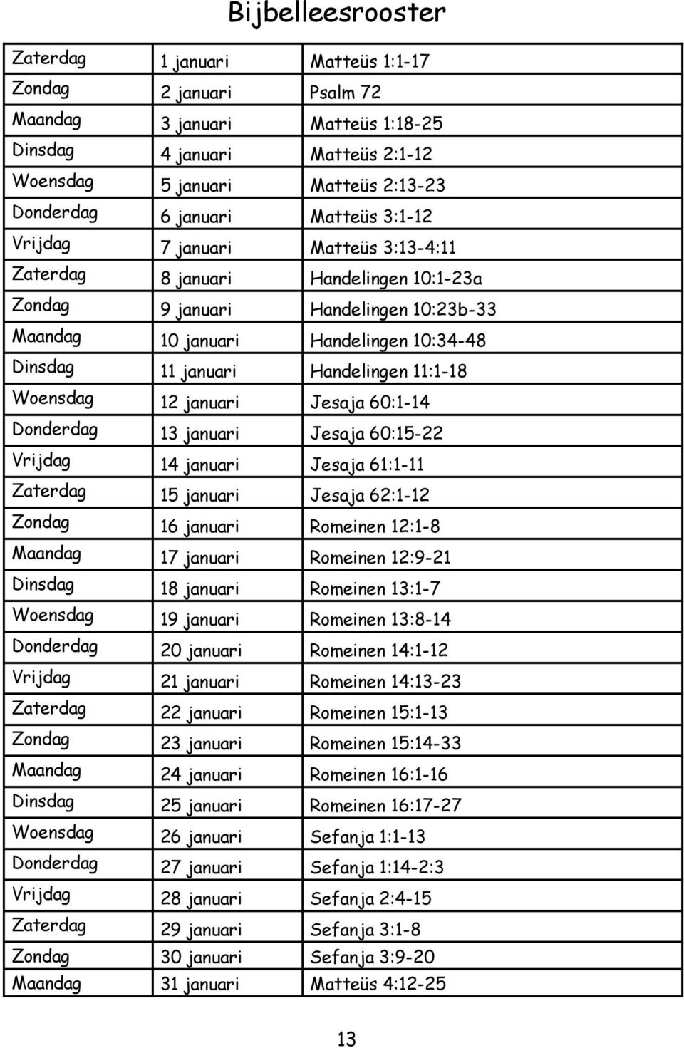 Handelingen 11:1-18 Woensdag 12 januari Jesaja 60:1-14 Donderdag 13 januari Jesaja 60:15-22 Vrijdag 14 januari Jesaja 61:1-11 Zaterdag 15 januari Jesaja 62:1-12 Zondag 16 januari Romeinen 12:1-8