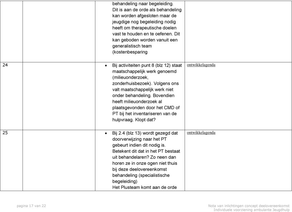 Volgens ons valt maatschappelijk werk niet onder behandeling. Bovendien heeft milieuonderzoek al plaatsgevonden door het CMD of PT bij het inventariseren van de hulpvraag. Klopt dat?