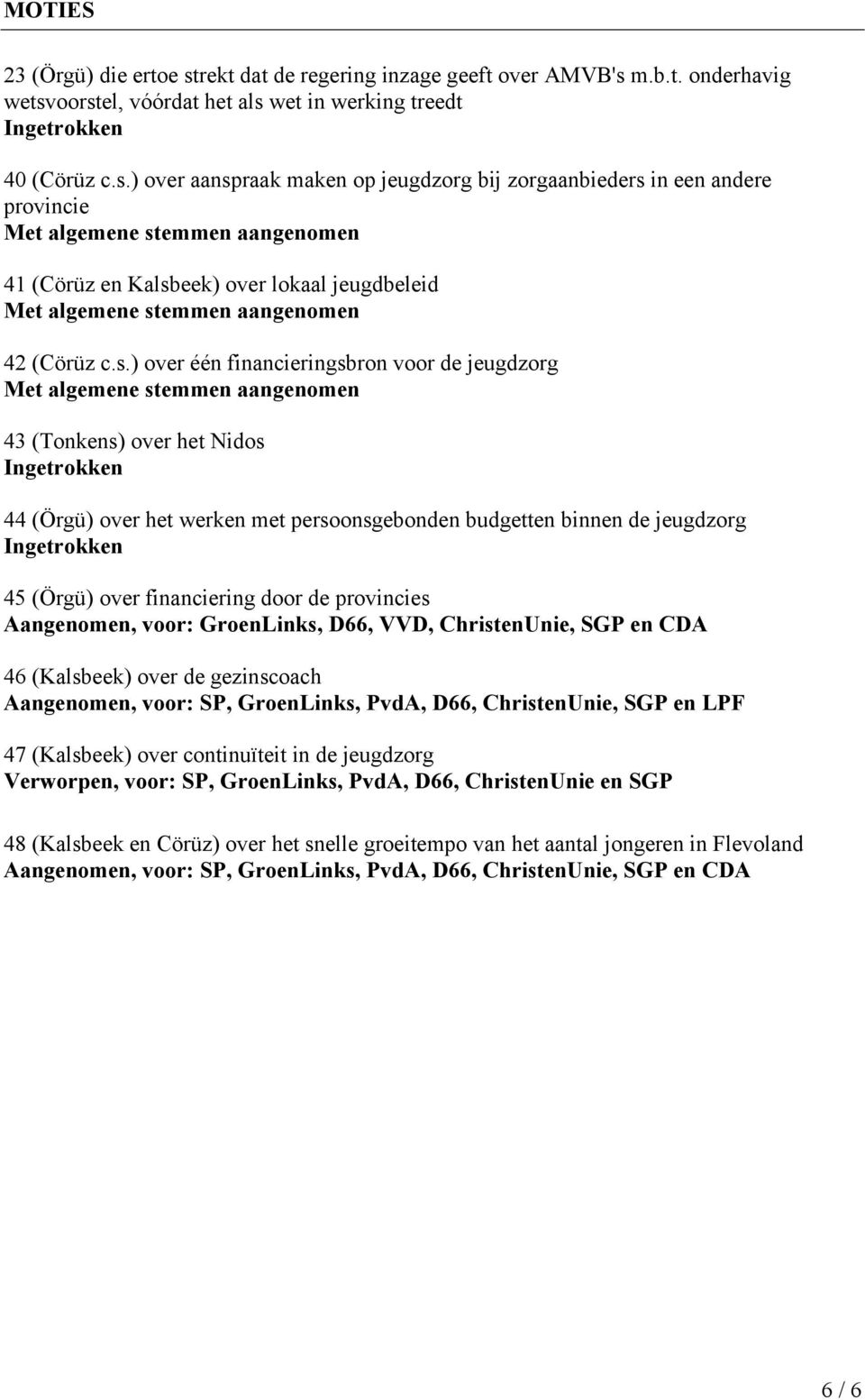 provincies Aangenomen, voor: GroenLinks, D66, VVD, ChristenUnie, SGP en CDA 46 (Kalsbeek) over de gezinscoach Aangenomen, voor: SP, GroenLinks, PvdA, D66, ChristenUnie, SGP en LPF 47 (Kalsbeek) over