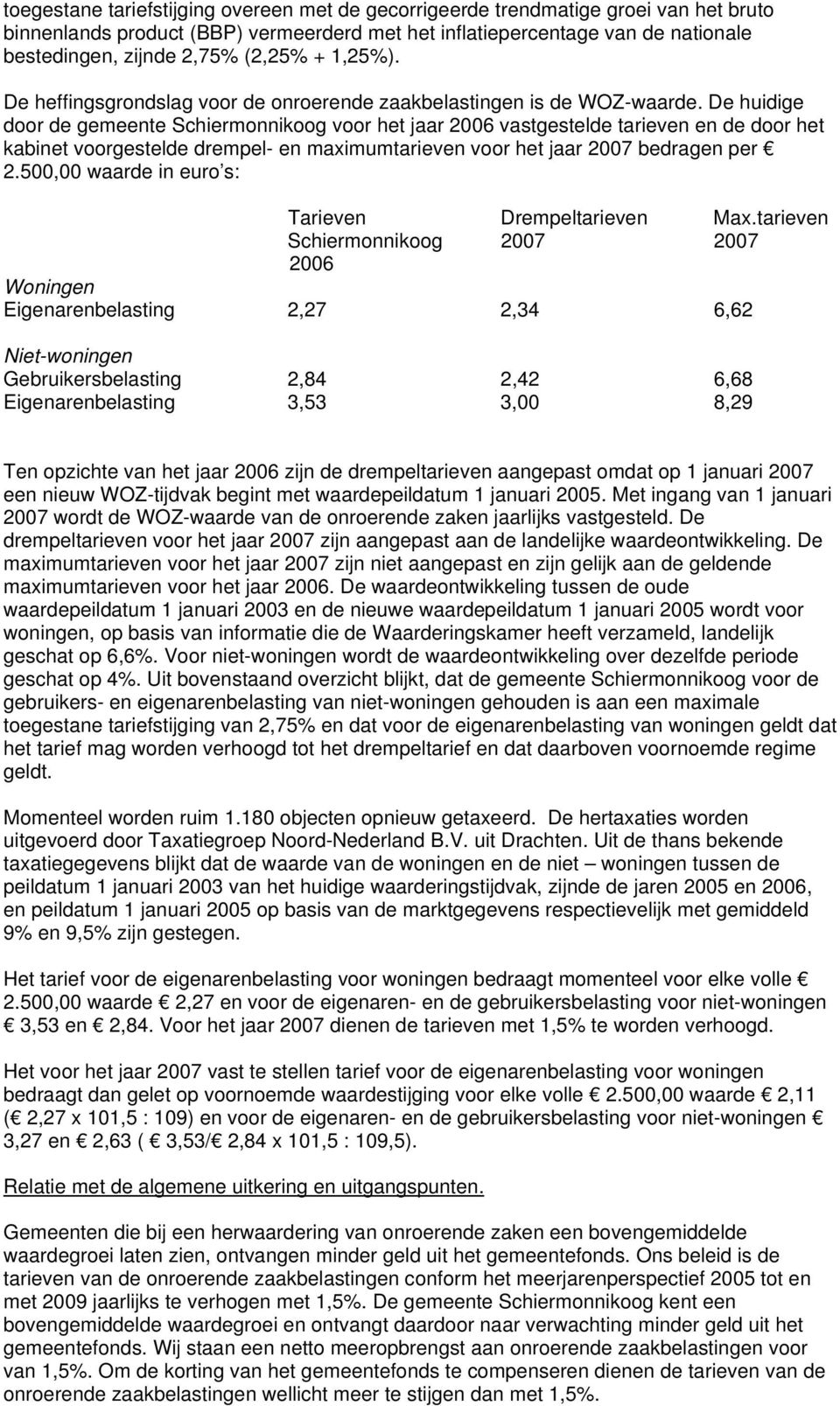 De huidige door de gemeente Schiermonnikoog voor het jaar 2006 vastgestelde tarieven en de door het kabinet voorgestelde drempel- en maximumtarieven voor het jaar 2007 bedragen per 2.