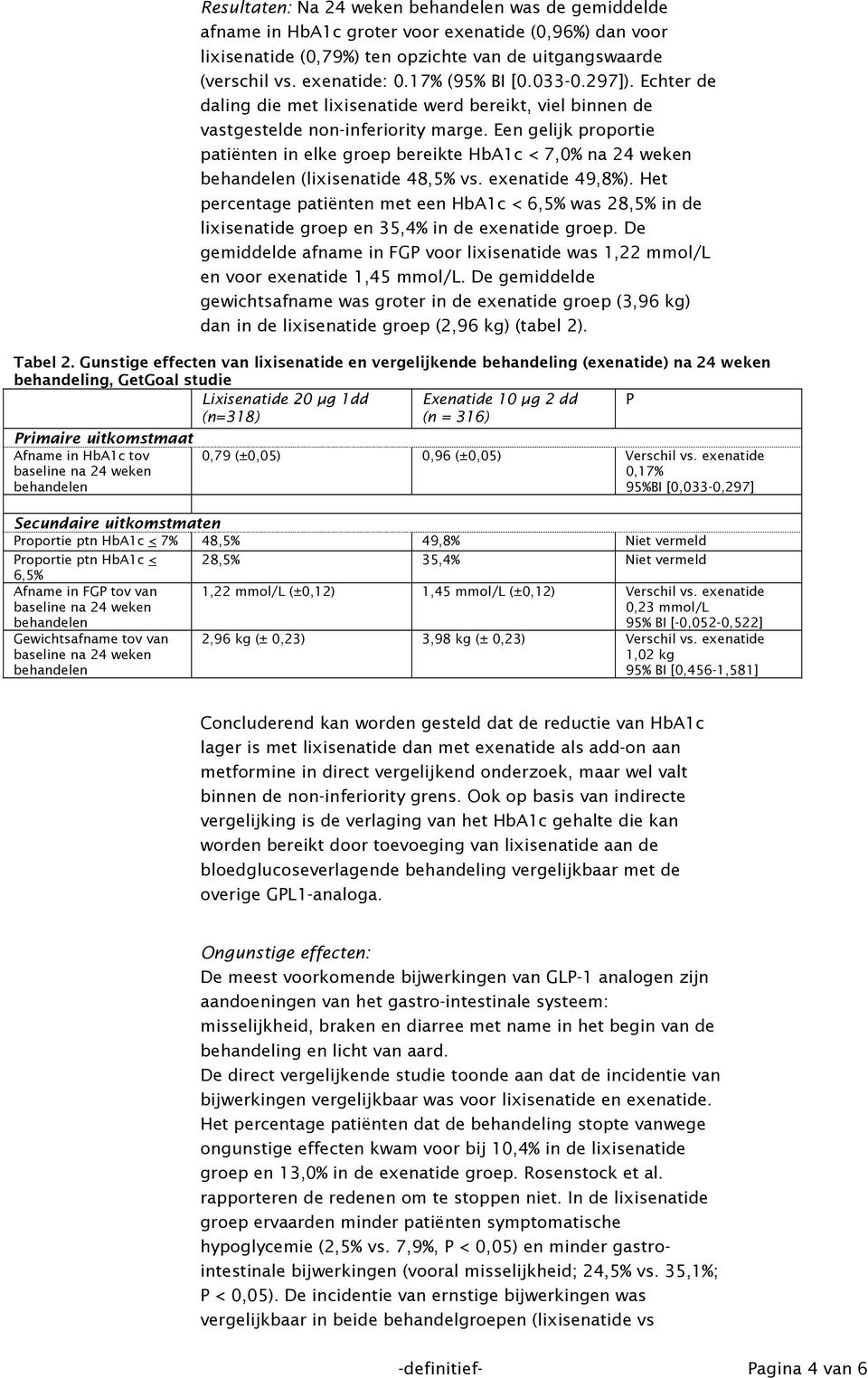 Een gelijk proportie patiënten in elke groep bereikte HbA1c < 7,0% na 24 weken behandelen (lixisenatide 48,5% vs. exenatide 49,8%).