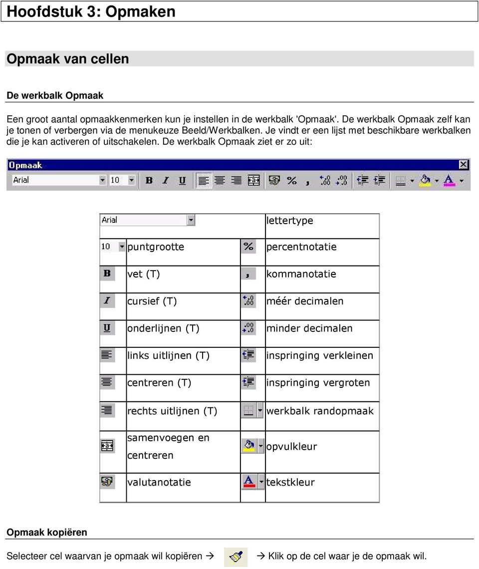 De werkbalk Opmaak ziet er zo uit: lettertype puntgrootte vet (T) cursief (T) onderlijnen (T) links uitlijnen (T) centreren (T) rechts uitlijnen (T) samenvoegen en centreren