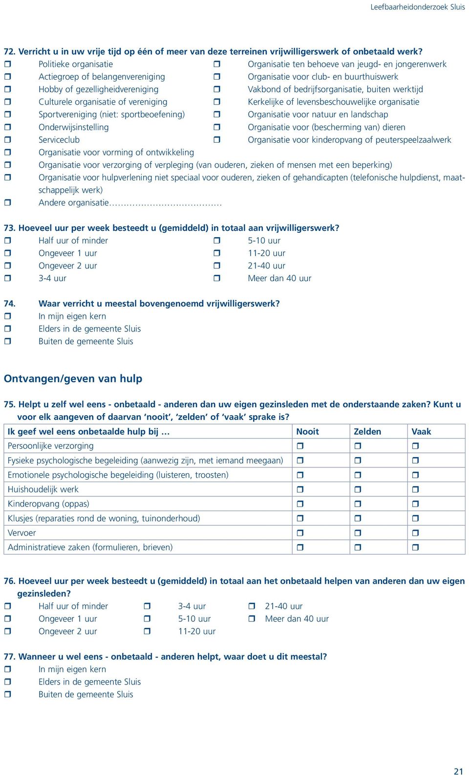 Vakbond of bedrijfsorganisatie, buiten werktijd # " Culturele organisatie of vereniging # Kerkelijke of levensbeschouwelijke organisatie # " Sportvereniging (niet: sportbeoefening) # Organisatie voor