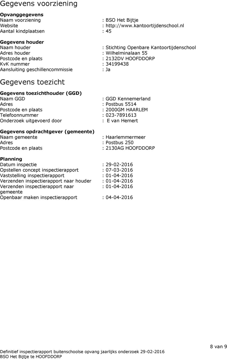 Aansluiting geschillencommissie : Ja Gegevens toezicht Gegevens toezichthouder (GGD) Naam GGD : GGD Kennemerland Adres : Postbus 5514 Postcode en plaats : 2000GM HAARLEM Telefoonnummer : 023-7891613