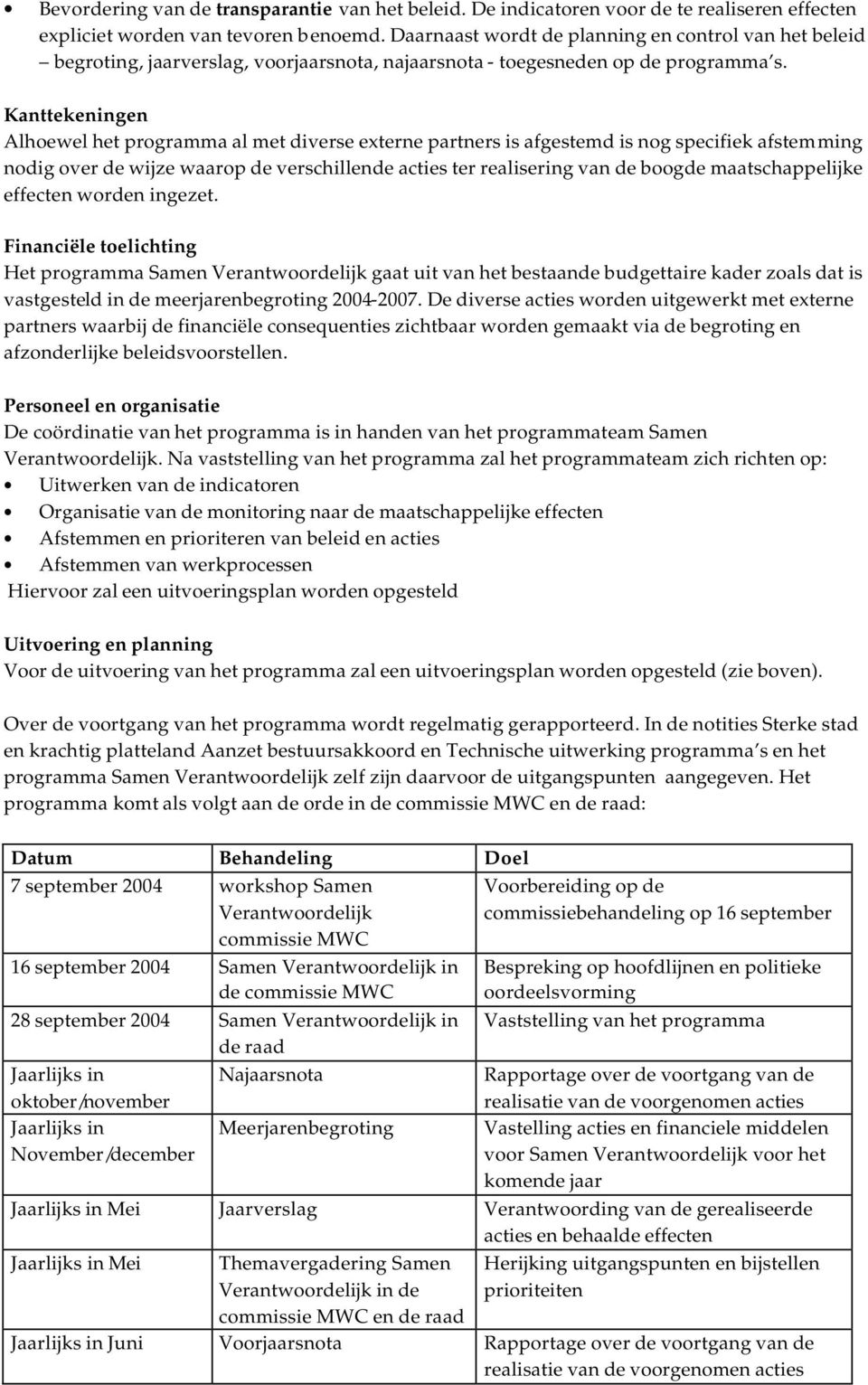 Kanttekeningen Alhoewel het programma al met diverse externe partners is afgestemd is nog specifiek afstemming nodig over de wijze waarop de verschillende acties ter realisering van de boogde