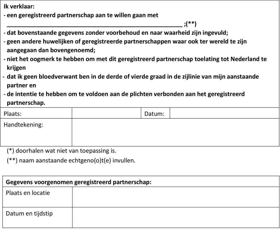 ik geen bloedverwant ben in de derde of vierde graad in de zijlinie van mijn aanstaande partner en - de intentie te hebben om te voldoen aan de plichten verbonden aan het geregistreerd