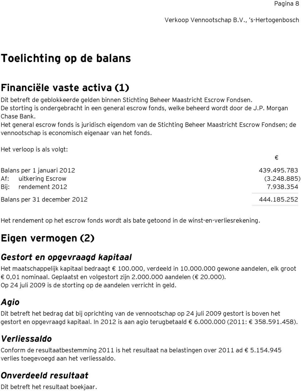 Het general escrow fonds is juridisch eigendom van de Stichting Beheer Maastricht Escrow Fondsen; de vennootschap is economisch eigenaar van het fonds.