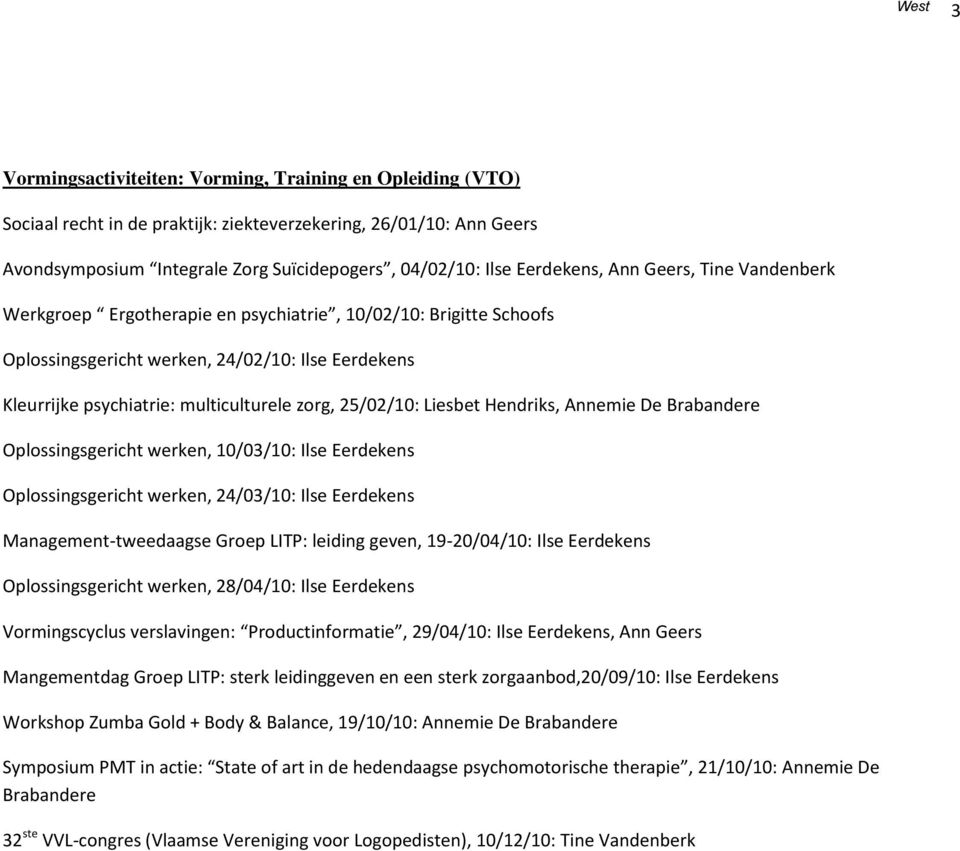 25/02/10: Liesbet Hendriks, Annemie De Brabandere Oplossingsgericht werken, 10/03/10: Ilse Eerdekens Oplossingsgericht werken, 24/03/10: Ilse Eerdekens Management-tweedaagse Groep LITP: leiding