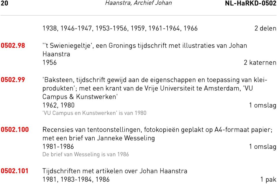 99 'Baksteen, tijdschrift gewijd aan de eigenschappen en toepassing van kleiprodukten'; met een krant van de Vrije Universiteit te Amsterdam, 'VU Campus & Kunstwerken' 1962,