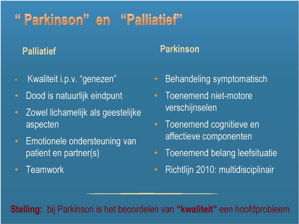 van patient en partner(s) Teamwork Behandeling symptomatisch Toenemend niet-motore verschijnselen