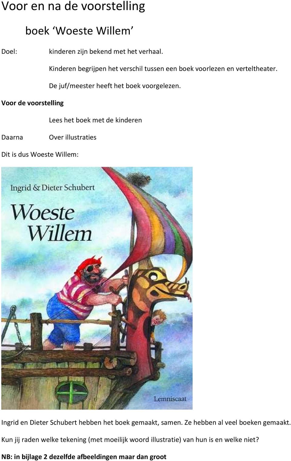Voor de voorstelling Lees het boek met de kinderen Daarna Over illustraties Dit is dus Woeste Willem: Ingrid en Dieter Schubert hebben