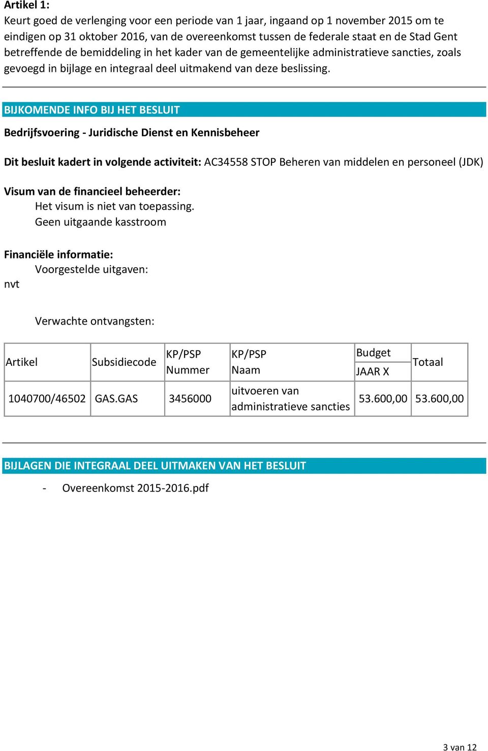 BIJKOMENDE INFO BIJ HET BESLUIT Bedrijfsvoering - Juridische Dienst en Kennisbeheer Dit besluit kadert in volgende activiteit: AC34558 STOP Beheren van middelen en personeel (JDK) Visum van de