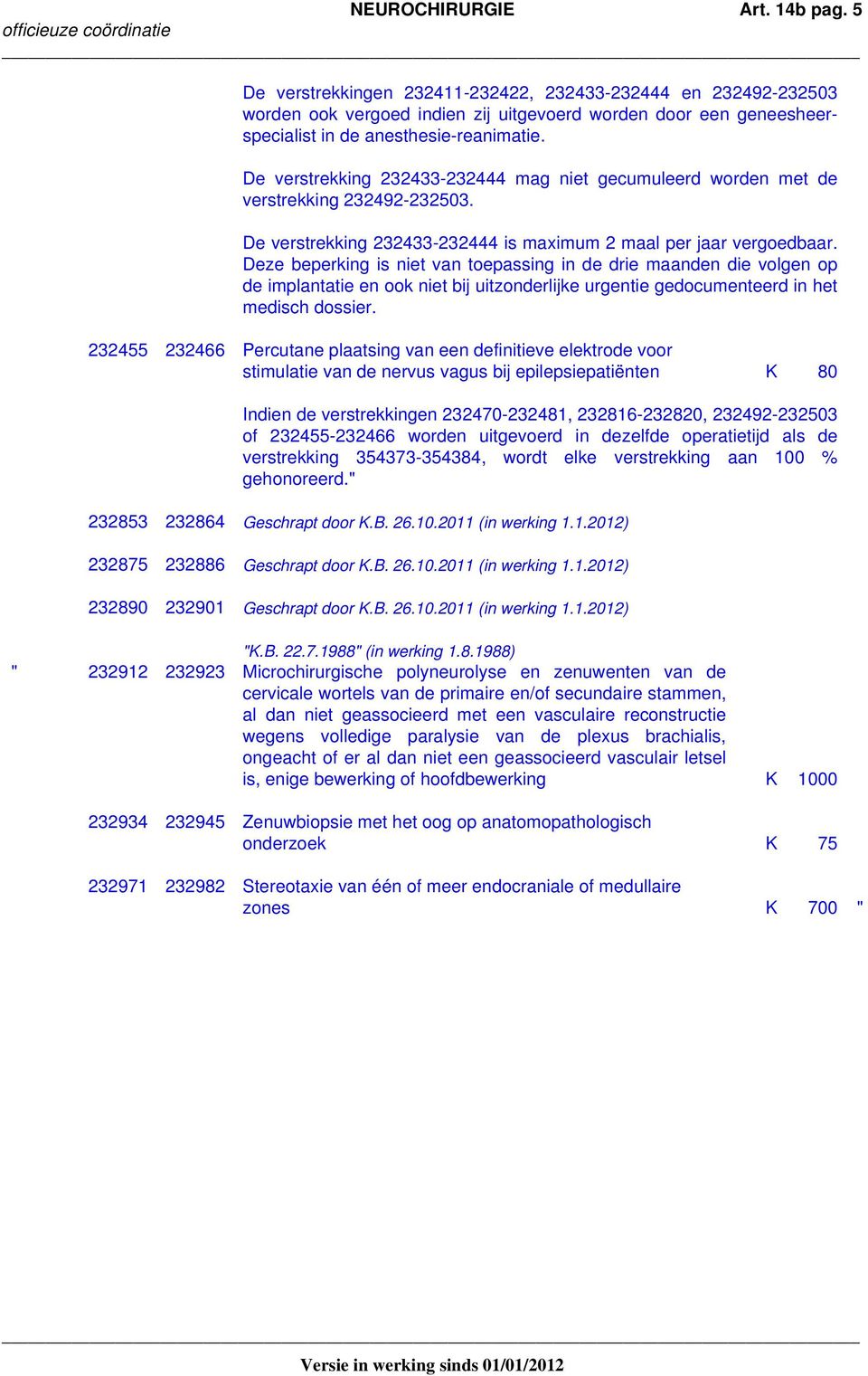 De verstrekking 232433-232444 mag niet gecumuleerd worden met de verstrekking 232492-232503. De verstrekking 232433-232444 is maximum 2 maal per jaar vergoedbaar.