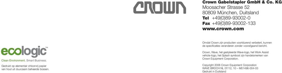 Crown, Wave, het gestyleerde Wave-logo, het Work Assist vehicle-logo, het Splash symbool zijn handelsmerken van Crown Equipment Corporation.