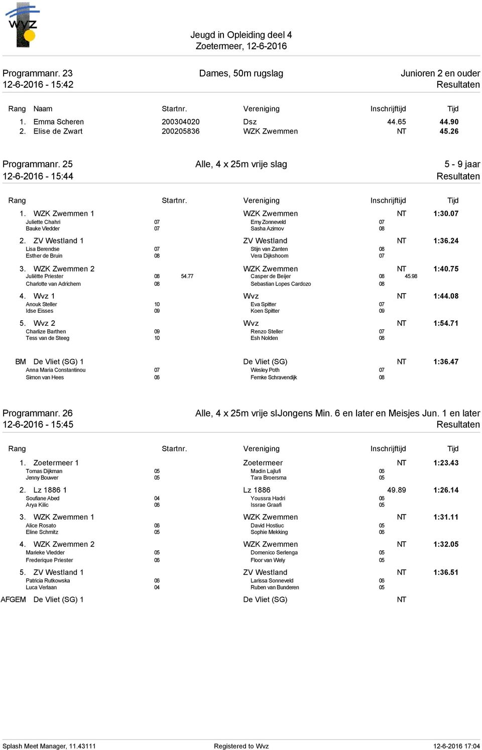 07 Juliette Chahri 07 Emy Zonneveld 07 Bauke Vledder 07 Sasha Azimov 08 2. ZV Westland 1 ZV Westland NT 1:36.24 Lisa Berendse 07 Stijn van Zanten 08 Esther de Bruin 08 Vera Dijkshoorn 07 3.