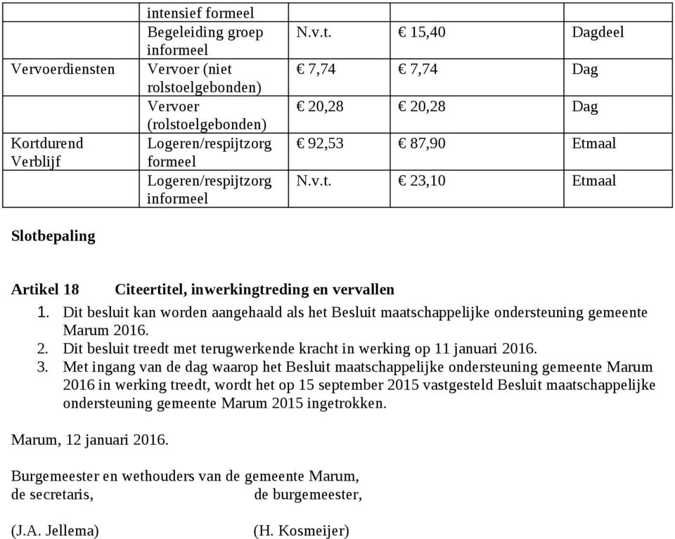 Dit besluit kan worden aangehaald als het Besluit maatschappelijke ondersteuning gemeente Marum 2016. 2. Dit besluit treedt met terugwerkende kracht in werking op 11 januari 2016. 3.