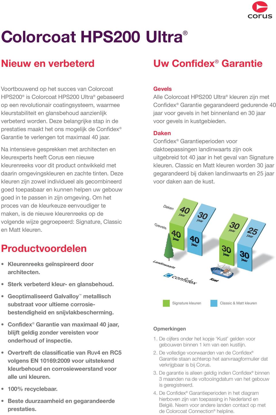 Na intensieve gesprekken met architecten en kleurexperts heeft Corus een nieuwe kleurenreeks voor dit product ontwikkeld met daarin omgevingskleuren en zachte tinten.