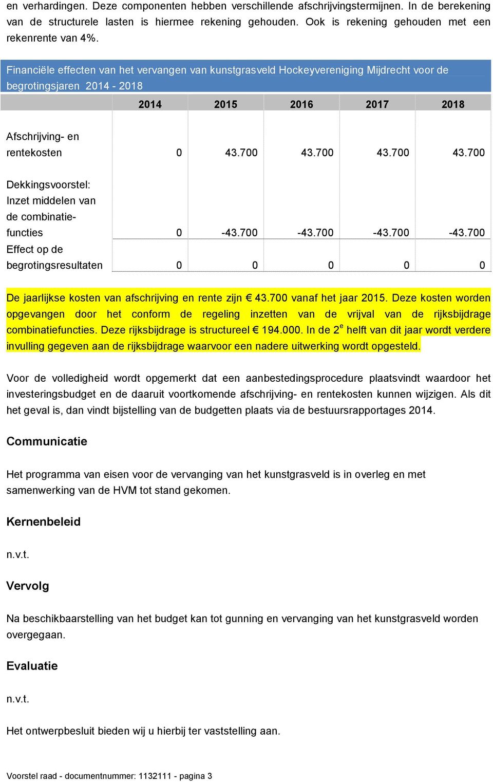 Financiële effecten van het vervangen van kunstgrasveld Hockeyvereniging Mijdrecht voor de begrotingsjaren 2014-2018 2014 2015 2016 2017 2018 Afschrijving- en rentekosten 0 43.700 43.