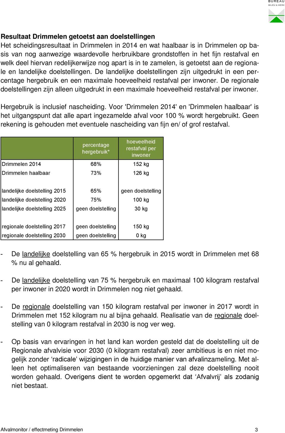 De landelijke doelstellingen zijn uitgedrukt in een percentage hergebruik en een maximale hoeveelheid restafval per inwoner.