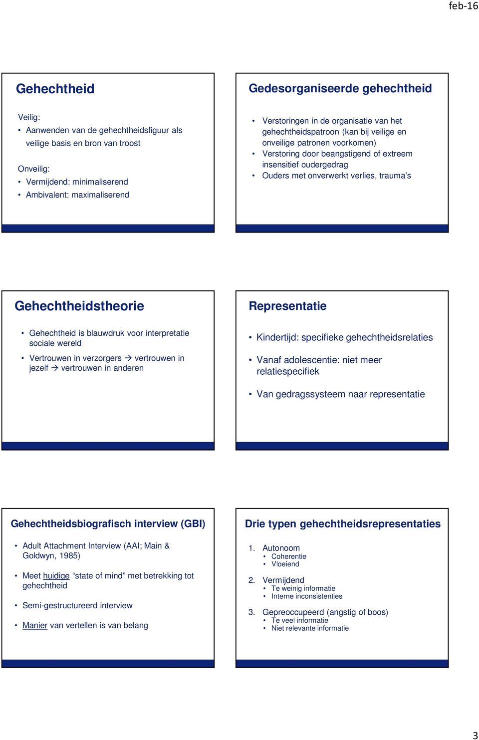 Gehechtheidstheorie Representatie Gehechtheid is blauwdruk voor interpretatie sociale wereld Vertrouwen in verzorgers vertrouwen in jezelf vertrouwen in anderen Kindertijd: specifieke