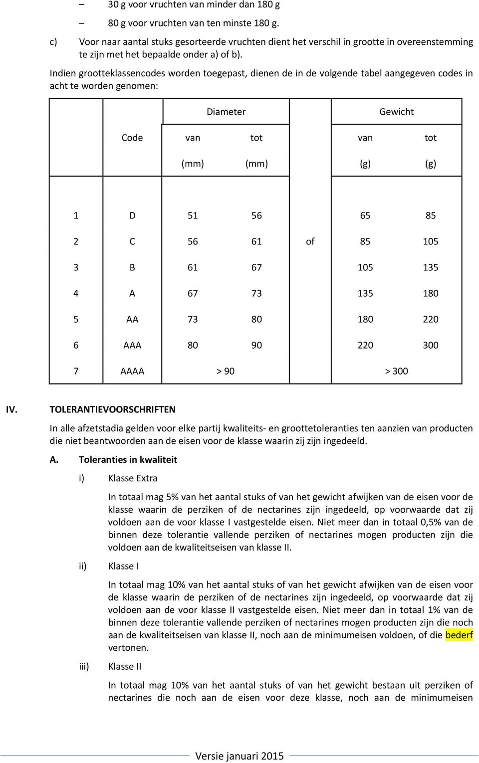 Indien grootteklassencodes worden toegepast, dienen de in de volgende tabel aangegeven codes in acht te worden genomen: Diameter Gewicht Code van tot van tot (mm) (mm) (g) (g) 1 D 51 56 65 85 2 C 56