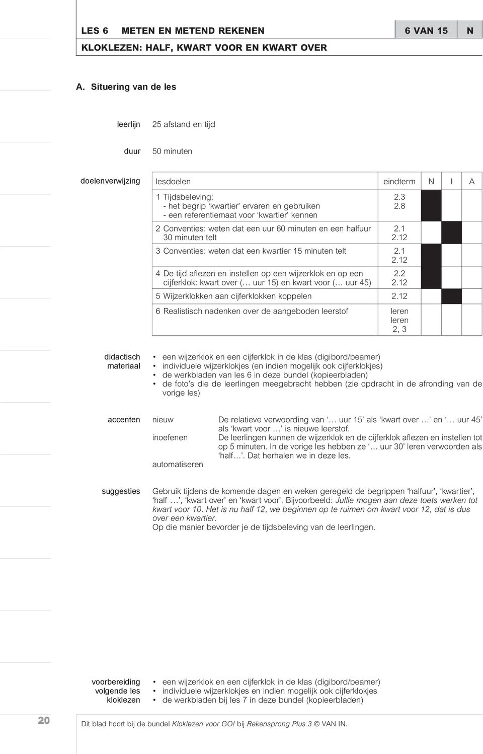 1 Conventies: weten dat een kwartier 1 minuten telt.1.1 De tijd aflezen en instellen op een wijzerklok en op een cijferklok: kwart over ( uur 1) en kwart voor ( uur ).