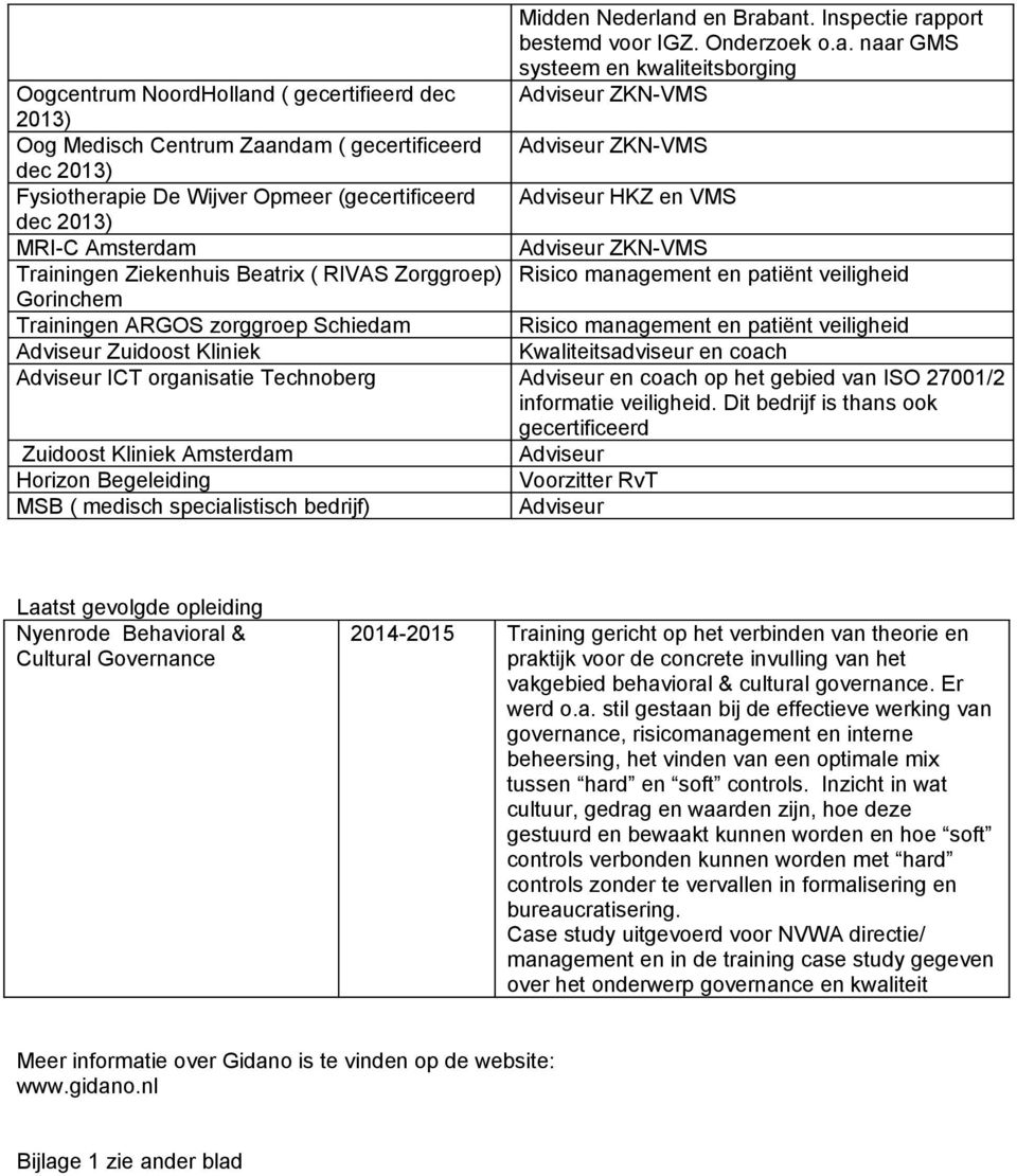 ant. Inspectie rapport bestemd voor IGZ. Onderzoek o.a. naar GMS systeem en kwaliteitsborging Oogcentrum NoordHolland ( gecertifieerd dec Adviseur ZKN-VMS 2013) Oog Medisch Centrum Zaandam (