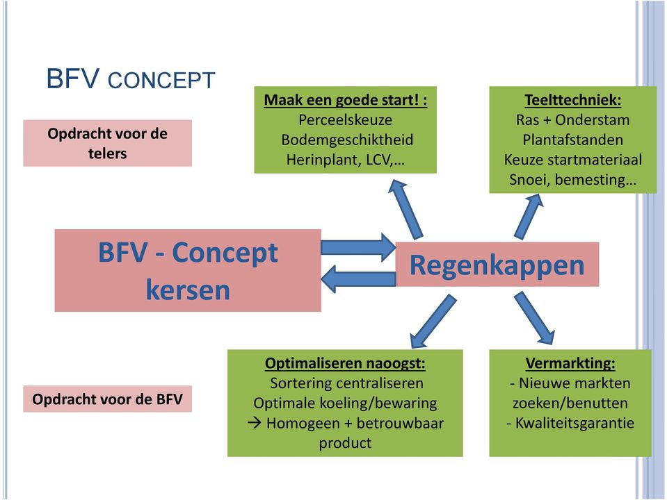 Teelttechniek: Ras + Onderstam Plantafstanden Keuze startmateriaal Snoei, bemesting Regenkappen