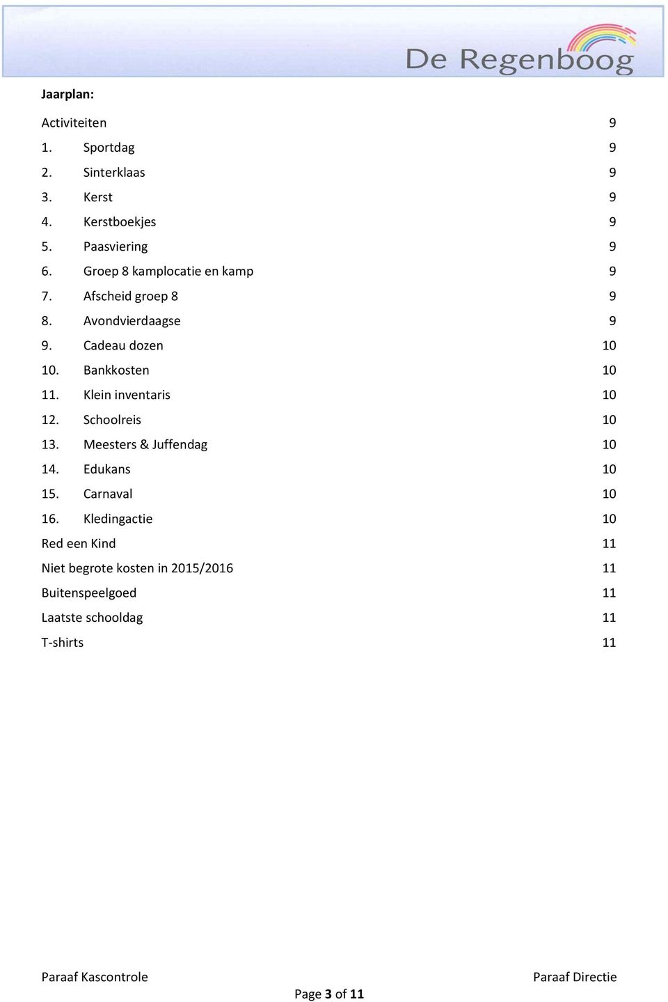 Klein inventaris 10 12. Schoolreis 10 13. Meesters & Juffendag 10 14. Edukans 10 15. Carnaval 10 16.