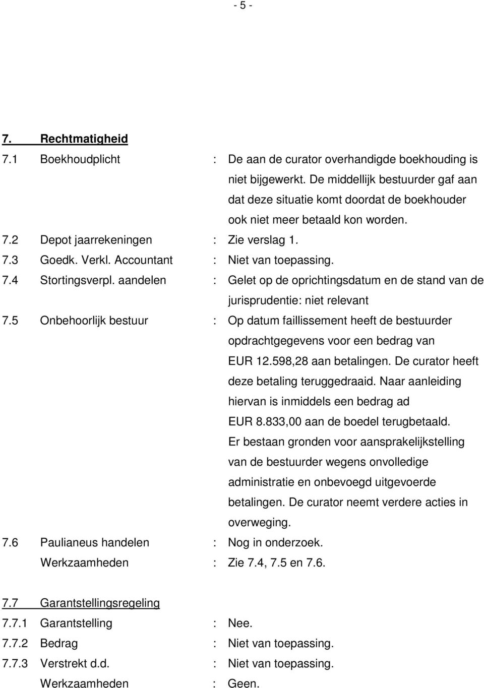 Accountant : Niet van toepassing. 7.4 Stortingsverpl. aandelen : Gelet op de oprichtingsdatum en de stand van de jurisprudentie: niet relevant 7.